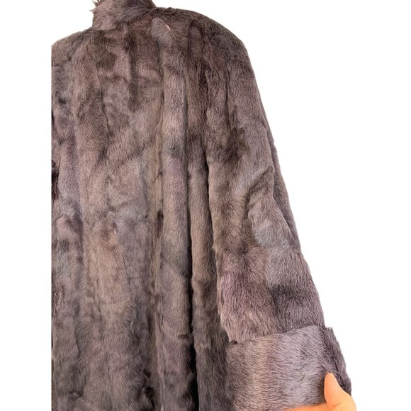 80s VTG JKI Full Length Genuine Fur Coat Rabbit Brown Purple Large Rustic 6754 - Picture 15 of 16